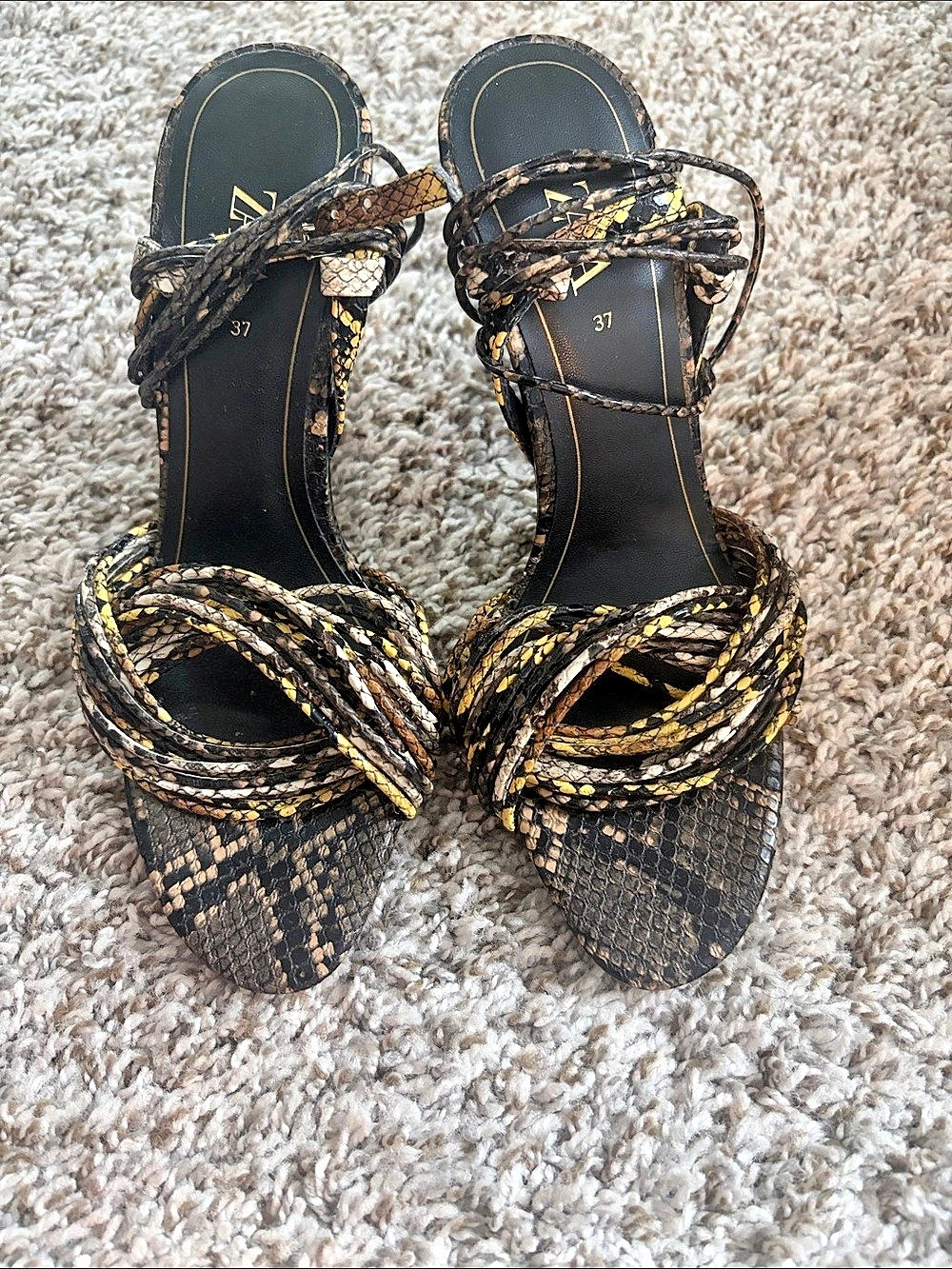 Zara Animal Print Strappy Heels Black & Gold US 7
